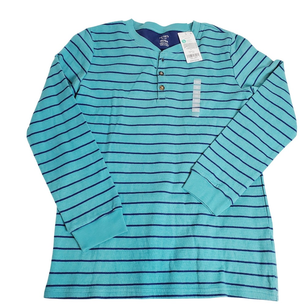 Carters Kid Boys Teal Blue Striped Long Sleeve Henley Shirt Size 14 NWT